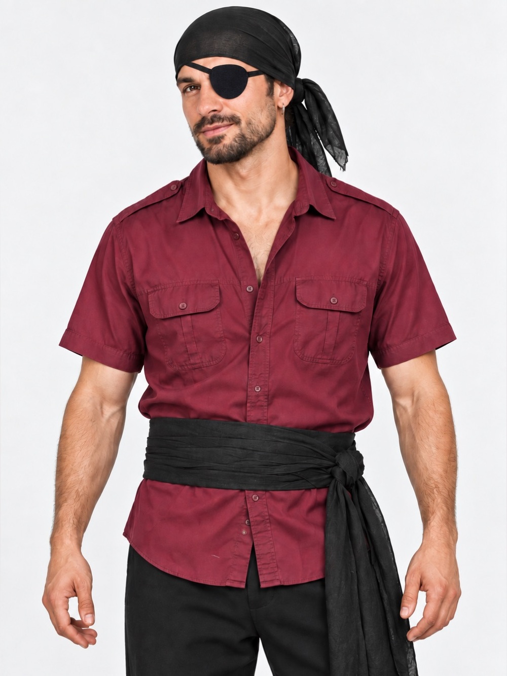 Men's XXL Pirate Costume Includes Burgundy Shirt, Bandana, Sash & Eye Patch